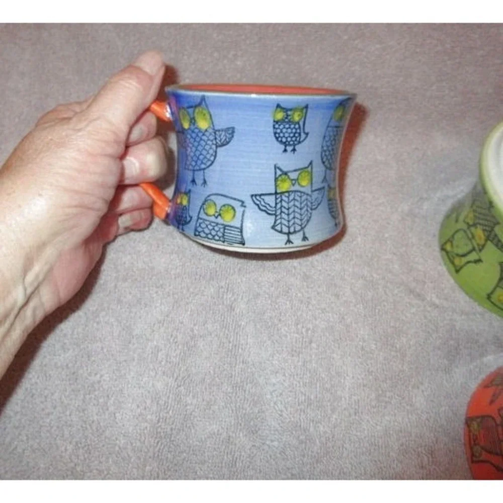 Pier 1 Imports Stacking Stoneware Mugs Set Of 3 Hand Painted Whimsical Bird Owl